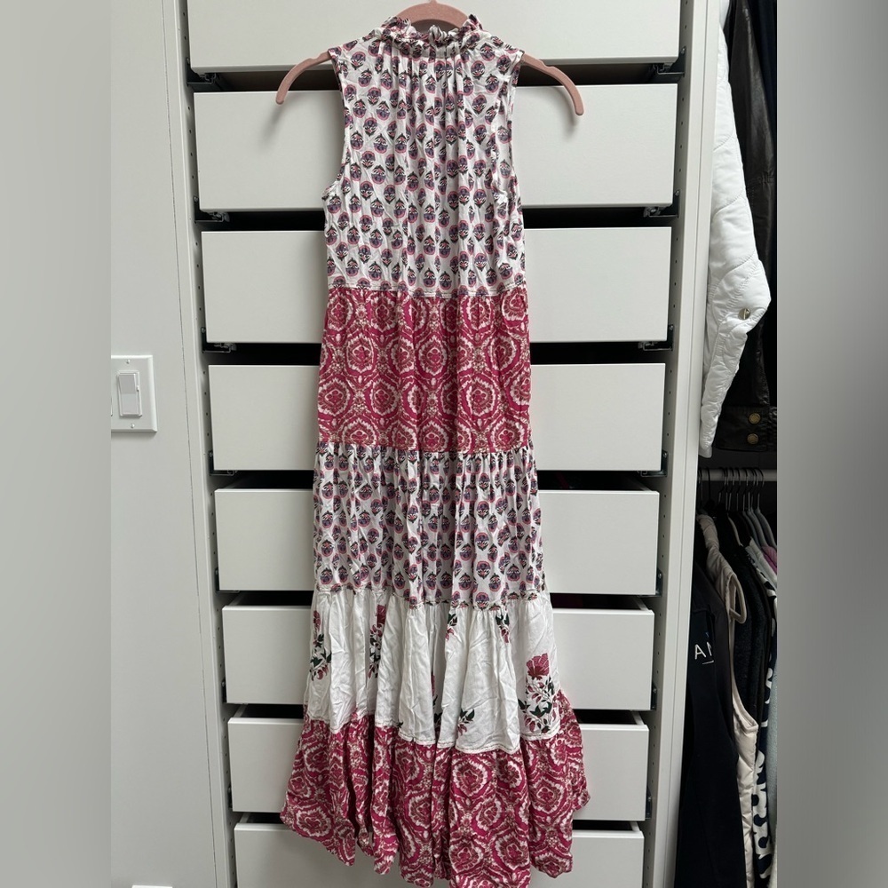CHELSEA & THEODORE Floral Paisley Split Neck Red Pink Tiered Maxi Dress Size XS - Picture 8 of 9
